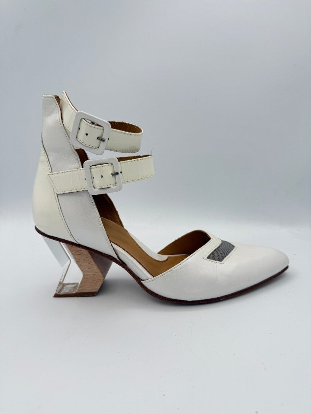 John Fluevog Modern Living Slant Ankle Strap Heel White Architectural Leather